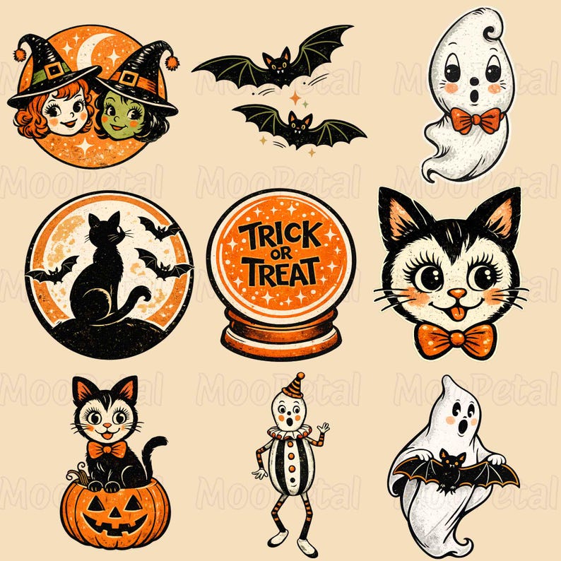 May include: A collection of Halloween-themed stickers featuring two witches in hats, two black bats, a white ghost with an orange bow tie, a black cat silhouette, a crystal ball with the text Trick or Treat, a cat face, a cat in a pumpkin, and a ghost.
