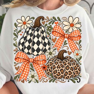 Preppy Coquette Fall Pumpkin PNG, Leopard Plaid Bow Fall Sublimation Design, Retro Autumn Floral Pumpkin Shirt, Thanksgiving DTF Download