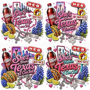May include: A digital graphic design featuring a Dr Pepper bottle, tacos, lime wedges, bluebonnets, and a Texas map outline. Text reads She's From Texas I Can Tell, H-E-B, Buc-ee's, and James Avery. Includes a silver chain with a cross and Texas charm.