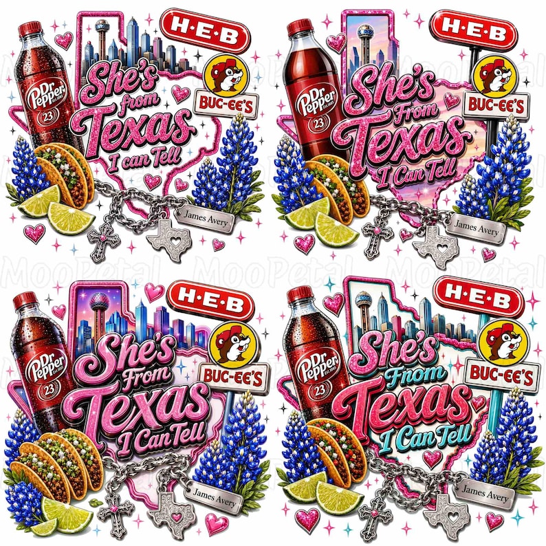 May include: A digital graphic design featuring a Dr Pepper bottle, tacos, lime wedges, bluebonnets, and a Texas map outline. Text reads She's From Texas I Can Tell, H-E-B, Buc-ee's, and James Avery. Includes a silver chain with a cross and Texas charm.
