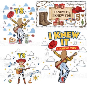 Puede incluir: Una hoja de ilustraci&oacute;n digital con personajes de dibujos animados, un sombrero de vaquero rojo, una guitarra, botas de vaquero marrones, bloques de alfabeto con TS5, un pergamino con el texto I KNEW IT, I KNEW YOU, una pulsera, un cactus y notas.