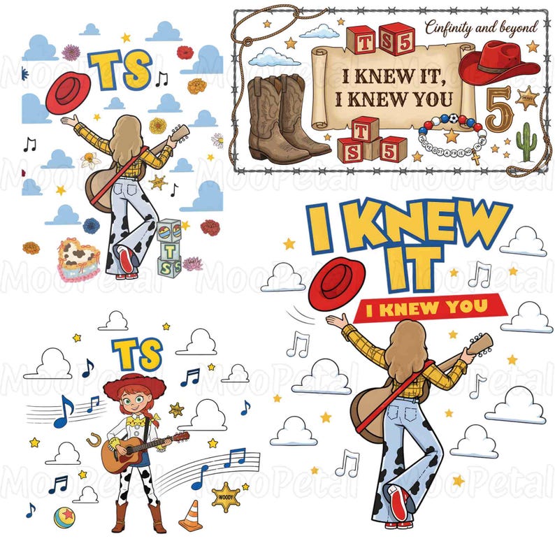Puede incluir: Una hoja de ilustraci&oacute;n digital con personajes de dibujos animados, un sombrero de vaquero rojo, una guitarra, botas de vaquero marrones, bloques de alfabeto con TS5, un pergamino con el texto I KNEW IT, I KNEW YOU, una pulsera, un cactus y notas.