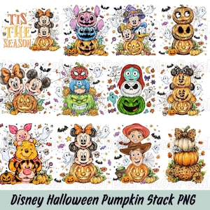 Halloween Character Pumpkin Stack PNG Bundle, Disney Mickey Stitch Pooh Toy Story Sublimation, Spooky Pumpkin Totem Shirt Graphic DTF File
