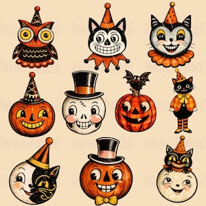 May include: A collection of eleven vintage-style Halloween illustrations featuring black cats, pumpkins, skulls, and an owl. Each character wears a party hat or top hat, rendered in a palette of orange, black, and cream with a distressed texture.