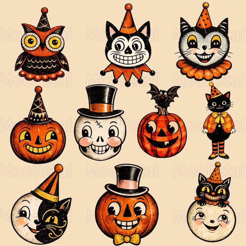 May include: A collection of eleven vintage-style Halloween illustrations featuring black cats, pumpkins, skulls, and an owl. Each character wears a party hat or top hat, rendered in a palette of orange, black, and cream with a distressed texture.