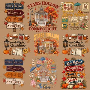 May include: A digital illustration sheet featuring Stars Hollow themed graphics including wooden directional signs, a gazebo, autumn trees, pumpkins, books, coffee mugs, and various small icons like a slice of pizza, a car, and a blue umbrella.