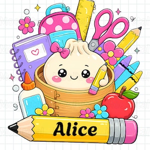 Könnte beinhalten: Eine Cartoon-Illustration mit einem lächelnden Knödel in einem Bambusdämpfer, umgeben von Schulmaterialien wie einem rosa Rucksack, einem lila Notizbuch mit Herz, einem gelben Lineal, einer rosa Schere, Kleber, Buntstiften, einem Apfel und einem großen gelben Stift mit der Aufschrift Alice.