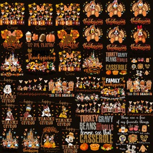 Könnte beinhalten: Eine digitale Sammlung von Thanksgiving-Grafikdesigns mit Disney-Figuren, Kürbissen, Herbstblättern und Texten wie Thanksgiving Crew, Tis The Season und Turkey Gravy Beans And Rolls, alles vor einem einfarbigen schwarzen Hintergrund.