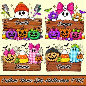 Könnte beinhalten: Ein Set aus vier digitalen Halloween-Illustrationen mit Geistern, Kürbissen, Zuckermais und Holzschildern mit den Namen David und Emma. Die Designs zeigen bunte Kürbisse, Schleifen, Hüte, Fledermäuse und Spinnennetze in einem Cartoon-Stil.