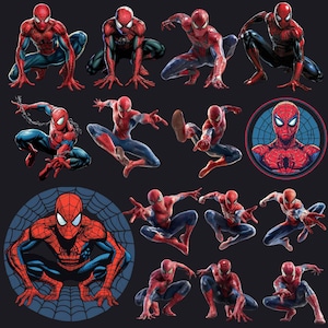 Könnte beinhalten: Eine Sammlung von Spider-Man-Illustrationen, die den Charakter in verschiedenen dynamischen Action-Posen zeigen, darunter hockend, springend und beim Netzschwingen. Die Figur trägt einen roten und blauen Anzug mit einem schwarzen Spinnenemblem.