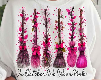 In October We Wear Pink Witch Brooms PNG, Witch Brooms Breast Cancer Awareness PNG - Watercolor Halloween Awareness File, Digital Download
