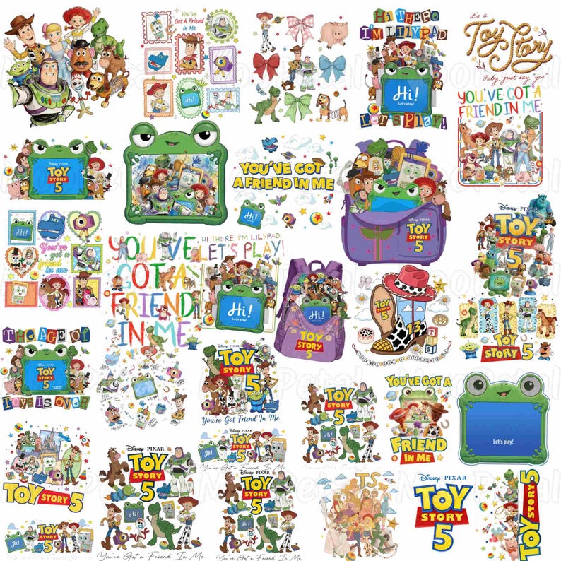 May include: A collection of Toy Story 5 themed digital stickers and graphic illustrations featuring characters like Woody, Buzz Lightyear, and a green frog. The designs include text such as You've Got A Friend In Me, Toy Story 5, and Let's Play.