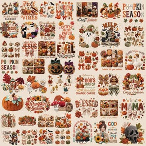 Könnte beinhalten: Eine digitale Collage mit zahlreichen herbstlichen Illustrationen, darunter Kürbisse, Geister, Truthähne, Sonnenblumen und Herbstlaub. Die Designs enthalten Schriftzüge wie Pumpkin Season, Fall Vibes, Blessed und verschiedene religiöse Phrasen.