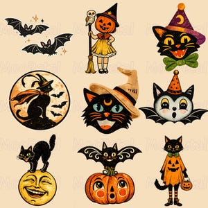 May include: A collection of Halloween-themed illustrations featuring two black bats, a pumpkin-headed figure with a broom, a black cat in a purple hat, a cat silhouette in a moon, a black cat in a tan hat, a bat-winged cat, a cat on a moon, a bat on a pumpkin, and a cat in a pumpkin costume.
