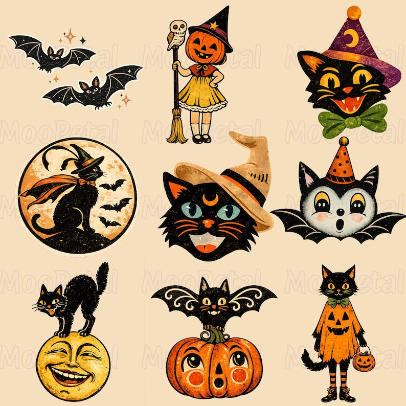 May include: A collection of Halloween-themed illustrations featuring two black bats, a pumpkin-headed figure with a broom, a black cat in a purple hat, a cat silhouette in a moon, a black cat in a tan hat, a bat-winged cat, a cat on a moon, a bat on a pumpkin, and a cat in a pumpkin costume.