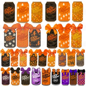 Pode incluir: Uma coleção de latas de refrigerante Dr Pepper com vários padrões temáticos de Halloween, incluindo fantasmas, morcegos, doces, abóboras, bruxas e aranhas, muitas delas adornadas com laços decorativos laranja, pretos ou roxos.