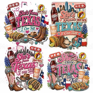 May include: A set of four digital illustrations featuring the text She's From Texas I Can Tell, Dr Pepper bottles, Whataburger cups, tacos, cowboy boots, hats, Texas flags, Buc-ee's logos, H-E-B logos, bluebonnets, and hearts in pink, blue, and brown.