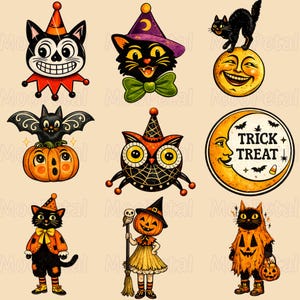 May include: A collection of nine Halloween-themed illustrations featuring black cats, a bat on a pumpkin, an owl, a crescent moon with the text TRICK TREAT, a cat in a clown collar, a cat in a witch hat, and figures in pumpkin costumes.