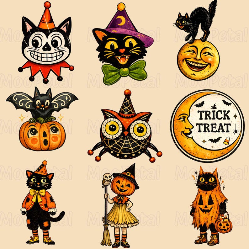 May include: A collection of nine Halloween-themed illustrations featuring black cats, a bat on a pumpkin, an owl, a crescent moon with the text TRICK TREAT, a cat in a clown collar, a cat in a witch hat, and figures in pumpkin costumes.
