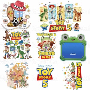 May include: A collection of Toy Story 5 themed graphic illustrations featuring characters like Woody, Buzz Lightyear, Jessie, Rex, and Bullseye. The designs include a cowboy boot, a green frog-shaped frame with the text Let's play!, and logos.