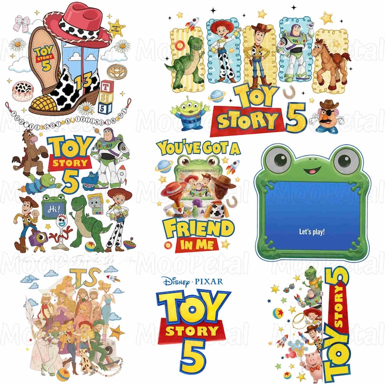 May include: A collection of Toy Story 5 themed graphic illustrations featuring characters like Woody, Buzz Lightyear, Jessie, Rex, and Bullseye. The designs include a cowboy boot, a green frog-shaped frame with the text Let's play!, and logos.