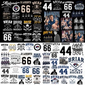 Könnte beinhalten: Eine Sammlung digitaler Grafiken zum Thema Briar University Hockey, einschließlich der Texte Malone's, Di Laurentis 66, Graham 44 sowie verschiedener Illustrationen von Hockeyausrüstung, Trikots und Spielerporträts auf schwarzem und weißem Grund.