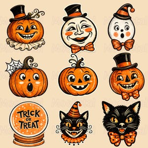 May include: A collection of nine Halloween-themed stickers featuring orange pumpkins with faces, a moon with a face, a ghost, a black cat, and a crystal ball with the text Trick or Treat. The designs include top hats, bow ties, and collars.