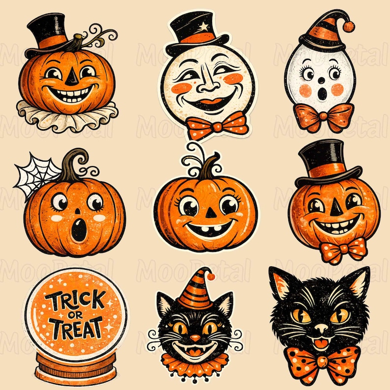 May include: A collection of nine Halloween-themed stickers featuring orange pumpkins with faces, a moon with a face, a ghost, a black cat, and a crystal ball with the text Trick or Treat. The designs include top hats, bow ties, and collars.