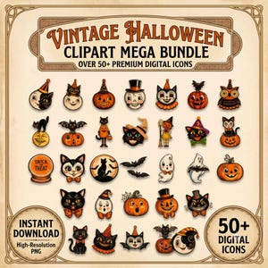 Könnte beinhalten: Eine digitale Sammlung mit dem Titel VINTAGE HALLOWEEN CLIPART MEGA BUNDLE OVER 50+ PREMIUM DIGITAL ICONS. Das Bild zeigt verschiedene Illustrationen zum Thema Halloween, darunter schwarze Katzen, Kürbisse, Geister, Fledermäuse und Eulen in einem Retro-Stil.