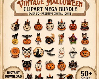 Vintage Halloween Clipart Bundle, Retro Spooky PNG Icons, Black Cat Pumpkin Ghost Graphics, Fall Digital Sticker Pack, Sublimation File