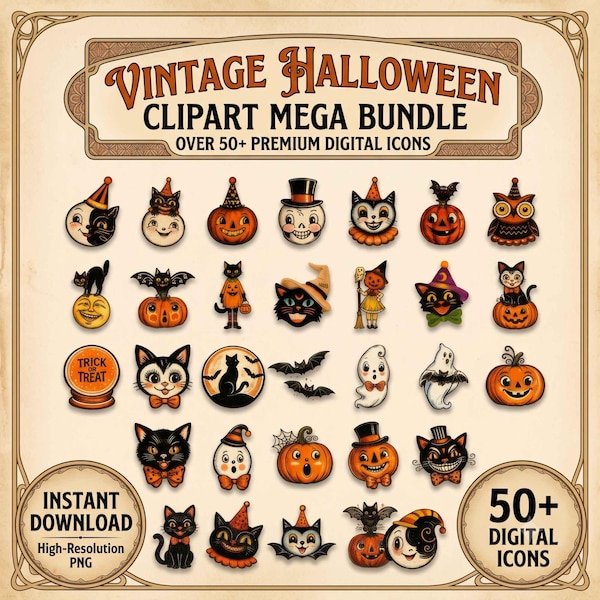 Vintage Halloween Clipart Bundle, Retro Spooky PNG Icons, Black Cat Pumpkin Ghost Graphics, Fall Digital Sticker Pack, Sublimation File