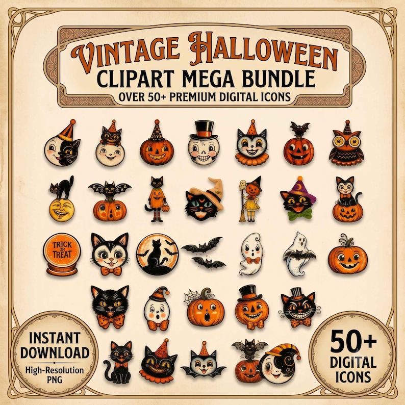 May include: A digital collection titled VINTAGE HALLOWEEN CLIPART MEGA BUNDLE OVER 50+ PREMIUM DIGITAL ICONS. The image displays various Halloween-themed illustrations including black cats, jack-o'-lanterns, ghosts, bats, and owls in a retro style.