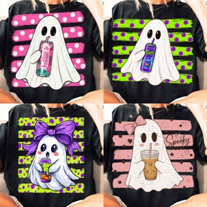 May include: A black t-shirt featuring four distinct ghost designs. Each ghost is white and holds a beverage. The backgrounds consist of horizontal stripes with polka dots in pink, green, and brown. One ghost wears a purple bow, and another has text reading Spooky Sips.