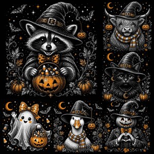 Könnte beinhalten: Eine digitale Illustration mit sechs Halloween-Figuren auf schwarzem Hintergrund: ein Waschbär, ein Hochlandrind, eine Katze, ein Geist, eine Gans und eine Figur mit Kürbiskopf, alle tragen Hexenhüte und sind von Kürbissen und Fledermäusen umgeben.