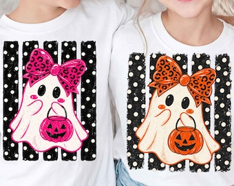 Preppy Coquette Ghost Polka Dots PNG, Girly Leopard Boo Ghost, Trick or Treat Kids Clipart, Cute Spooky Season Sibling, Aesthetic,Distressed