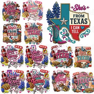 Puede incluir: Una colección de diseños gráficos digitales con el texto She's From Texas I Can Tell, que incorpora ilustraciones de botellas de Dr Pepper, botas vaqueras, lupinos, tacos, mapas de Texas y logotipos de H-E-B y Buc-ee's.