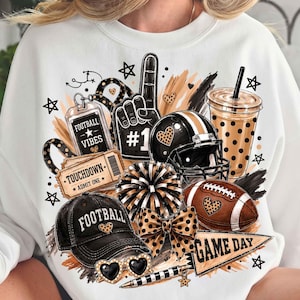 Game Day Football PNG, Black Gold Football Vibes Sublimation Design, Touchdown Leopard Cheer Shirt Graphic, Football Mom DTF Download