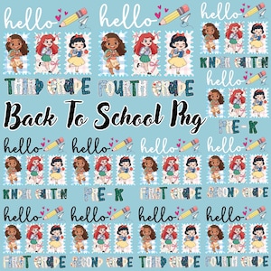 Könnte beinhalten: Ein digitales Grafikblatt mit wiederholten Illustrationen von drei verschiedenen Cartoon-Kindern mit Schulsachen, Bleistiften und Herzen. Der Text enthält hello, Back To School Png und Klassenstufen von Pre-K bis zur vierten Klasse.