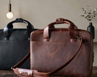 Full Grain Leather Laptop Briefcase – Vintage Messenger Satchel for Professionals