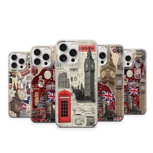 London Collage Phone Case, UK Travel Aesthetic Cover, British Vintage Style Case, Big Ben Red Bus Design, Europe City Case iPhone Samsung