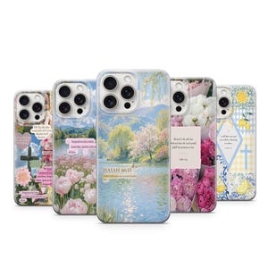 May include: Five smartphone cases featuring diverse designs including a landscape with Isaiah 66:13 text, a floral scene with pink peonies, a cross graphic with heart-shaped text boxes, a bouquet of pink flowers with scripture, and a blue and yellow lemon pattern.