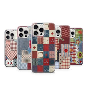 May include: Five smartphone cases with patchwork patterns in red, white, and blue. Each case has a unique design, including stars, hearts, and plaid. The cases are designed to fit a mobile phone.