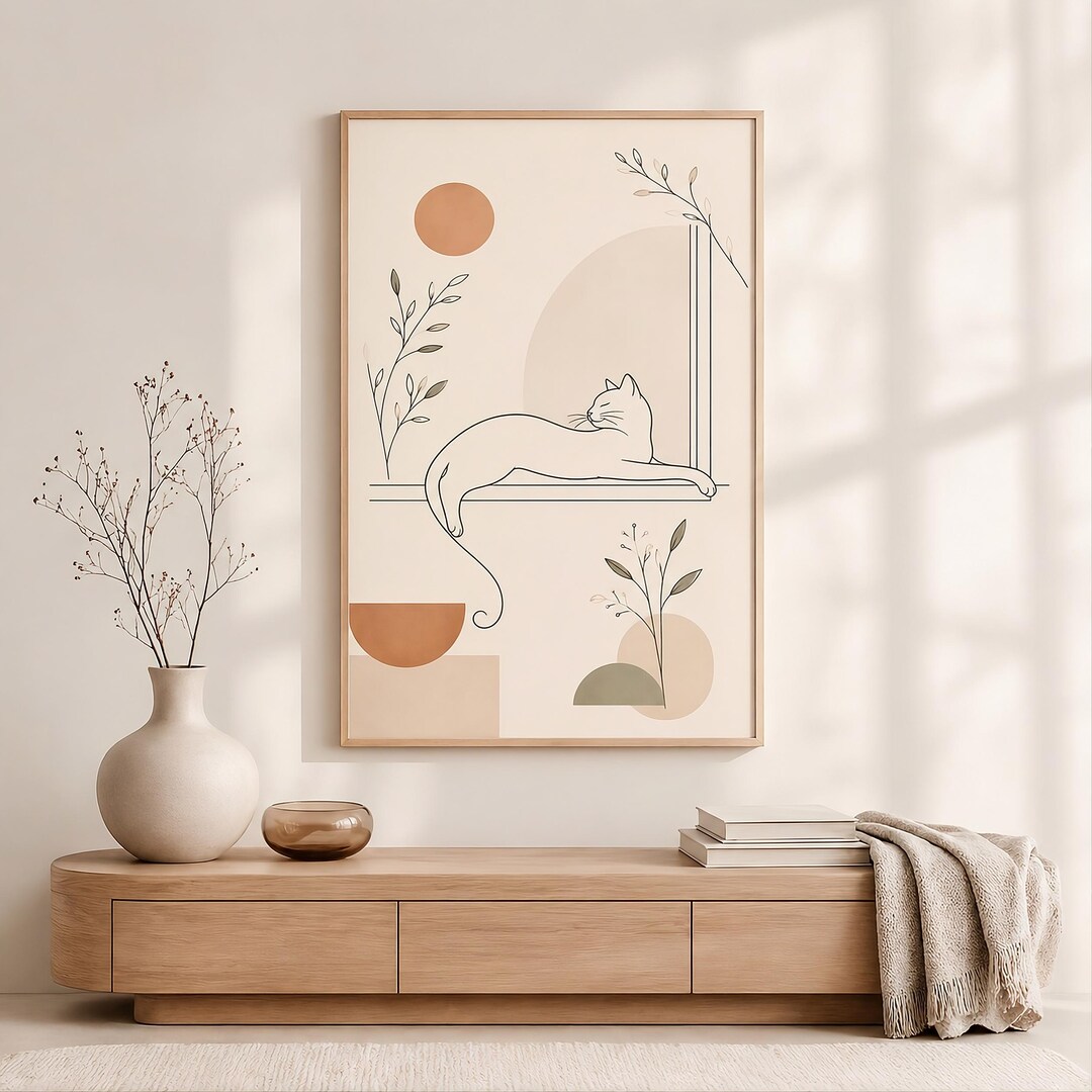 Minimalist Cat Line Art Print, Boho Wall Decor, Modern Neutral Poster ...