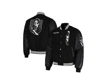 Zwarte varsity-jas heren – Ghost Face Letterman-jas, horror streetwear-jas, geborduurde varsity-jas, jas