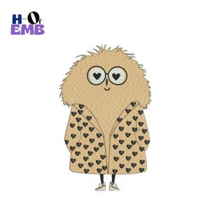May include: A whimsical cartoon character with a fluffy, tan body and heart-shaped eyes. The character wears a tan coat adorned with black hearts and small shoes. The image includes the text "HO of EMB" in the upper left corner.