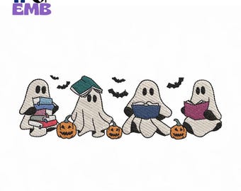 Patrón de bordado de fantasma leyendo un libro, diseño literario de Halloween para máquina de bordar (descarga instantánea)