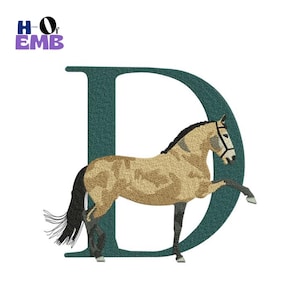 May include: An embroidered design featuring a tan horse with a black mane and tail, posed in front of a teal letter "D". The design includes the text "HO of EMB" in the upper left corner.