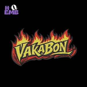 May include: Embroidered patch featuring the word "VAKABON" in yellow, outlined in black, with a red flame design. The patch has a black background and the text "HO EMB" in purple.