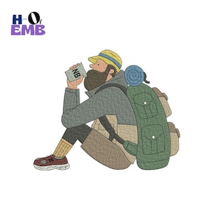 May include: Illustration of a hiker resting, drinking from a small container. The hiker wears a yellow hat, gray jacket, and carries a green backpack. The hiker is wearing red shoes and yellow socks. The container has the letters "NB" on it.