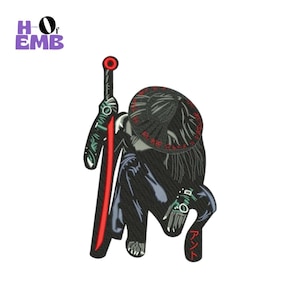 May include: An embroidered patch featuring a crouching figure in black attire with a wide-brimmed hat, holding a long sword with a bright red blade. The design includes intricate stitching details, a red circular pommel, and red Japanese characters.